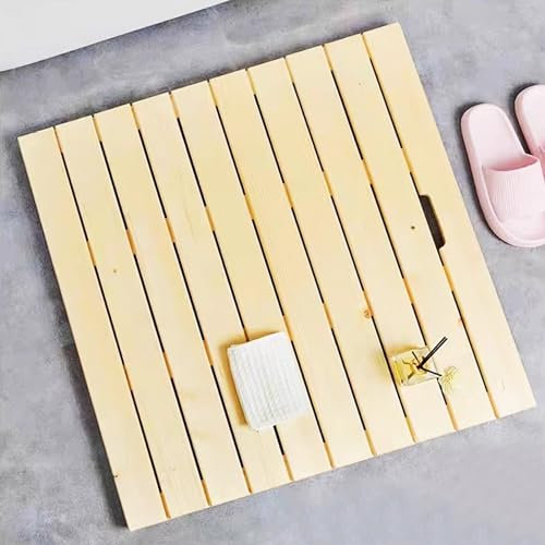 KDDEON Natürliche rutschfeste Holz Badematte,Bambus Badematte mit Griff-/Lattenrost-Design,Duschmatte Badvorleger aus Holz,Entenbrettmatte,für Duschtüren,Sauna,Badewanne,Küche (45x45cm/18x18in)