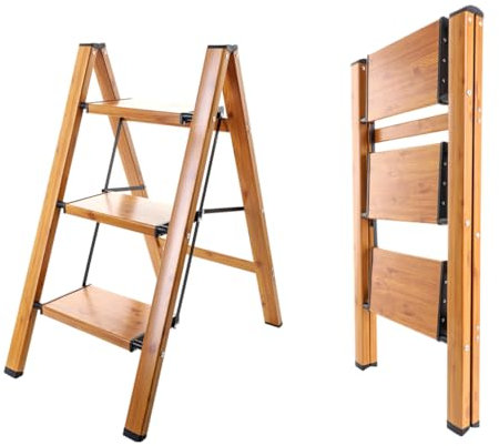 BAOYOUNI Scaletta pieghevole a 3 gradini, portatile, leggera, in alluminio, con pedali larghi antiscivolo, capacità 150 kg, per casa, cucina, giardino, ufficio, nero + venature del legno