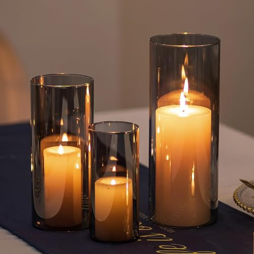 Romadedi Windlicht Glas Kerzenständer Glaszylinder : Grau Kerzenhalter Kerzengläser für Stumpenkerzen Schwimmkerzen Glasvase Windlichter für Wohnzimmer Esstisch Tischdeko Home Deko