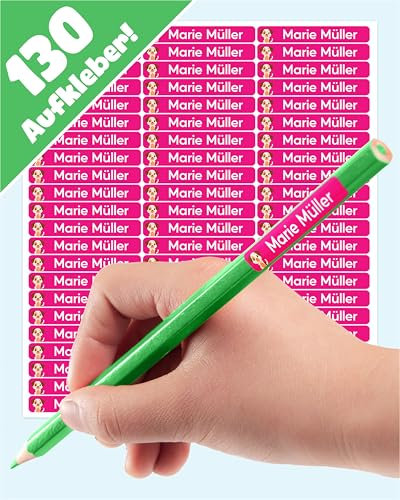 LabelTiger® Personalisierte Namensaufkleber für Kinder in der Schule - 130 Stück, Ideale Aufkleber für Stifte & Schulsachen, Selbstklebend & Wasserfest - Pink