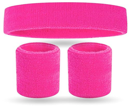 Costumed 3x Schweißband Set pink & Stirnband: Accessoire Vokuhila Kostüme Retro-Neon-Stil - 80er & 90er - Fasching und Karneval (3x)