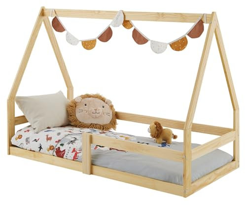 Hausbett Tami Kinderbett in Hausform, 70 x 140 cm, Natur, Kiefernholz Kinderbett mit Rausfallschutz, ideal zum Schlafen und Spielen, Bodenbett, Montessori