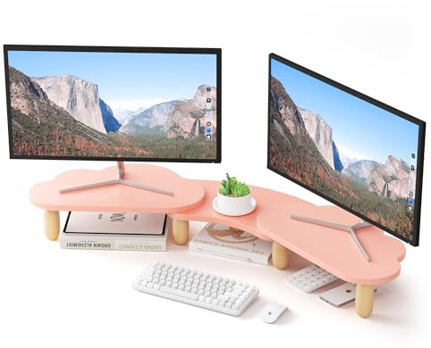 AFOOYO Dual-Monitor-Ständer, Regenbogen-Cloud-Desktop-Computerständer für 2 Monitore, verstellbare Länge und Winkel, multifunktionaler Desktop-Organizer für Laptop, PC, Computer, Drucker, Rosa