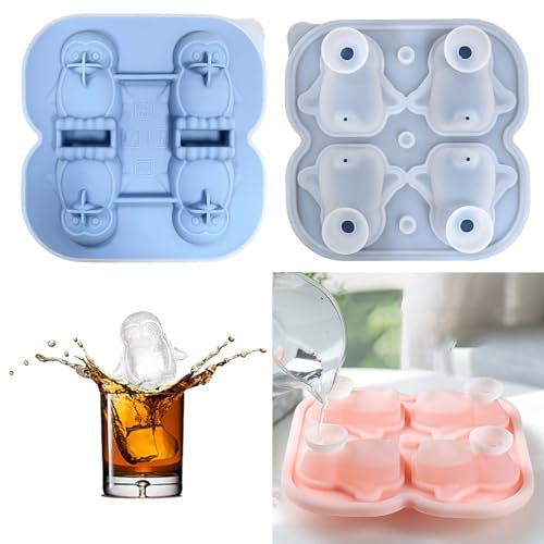 Silikon Eiswürfelform Pinguin Form Eiswürfelbehälter Silikonform 4 Fächern Eiswürfel Form Pinguin Eiswürfelform mit Deckel Silikon Eisform 3D Tier Eiswürfelform für Cocktail Whiskey