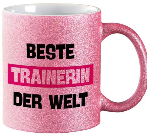 Huuraa Glitzer Kaffeebecher Beste Trainerin der Welt Geschenk 330ml Pink Beste Trainerin Mitbringsel