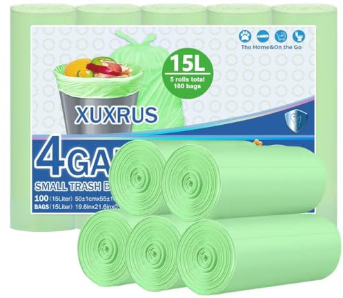 XUXRUS Organic Rubbish Bags, 15 Litres, Pack of 100, Green Waste Bags, Compostable Kitchen Food Waste Bags
