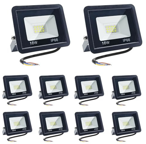 Meision LED Strahler Außen 10W, LED Scheinwerfer mit 12 Lampenperlen, Superhell Aluminium Leuchte 6000K IP66 Wasserdicht, LED Außenstrahler für Garage, Flur, Tore, 10 Stücke, Kaltweiß