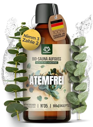 NORDHOLZ® Saunaaufguss BIO [NATURREINE ÄTHERISCHE BIO-ÖLE] Sauna Aufgussmittel #5 Atemfrei 100ml Eukalyptus - Sauna Aufguss aus Franken - Saunaöl