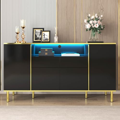 KOMHTOM Meuble de Rangement Noir Buffet avec Quatre Portes et Deux tiroirs Armoire LED Moderne (Noir)