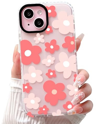 NITITOP Compatible with iPhone 14 Plus / 15 Plus Case Cute Clear for Women Girls Pink Flower Floral Pattern Ultra Slim with Bumper Protector Soft TPU Anti-Yellow Protective Phone Cover - Pink
