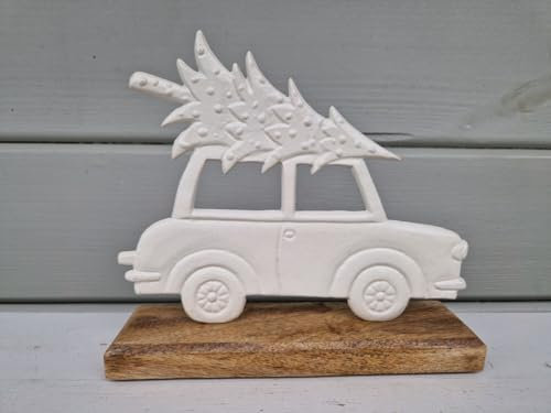 Arinosa Weihnachtsdeko Weiß Aufsteller Emaille Holz Auto 23x5x17 cm