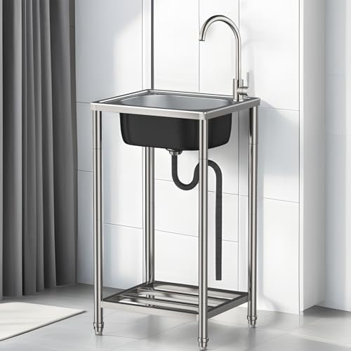 Évier Inox de Cuisine 1 Bac Professionnel avec Robinet 60 x 45 x 82 cm Évier Inox Commercial Lavabo multifonction Évier Extérieur Autoportant Plonge Inox Pour Buanderie,Camping,Entrepôt