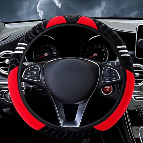 FINEVERNEK Plüsch Lenkradbezug - Winter Lenkradschutz, Lammfell, Warm Rutschfest, Teleskop Abdeckung für Auto Zubehör - Schwarz/Rot