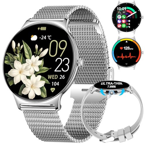 Women's Smart Watch for Android iOS with Bluetooth Phone Calls 7mm Thin Round Dial Female Smartwatch 1.43 AMOLED Always-On Display Heart Rate Sleep Monitor Silver Mesh Ladies Smartwatch 100+ Sport