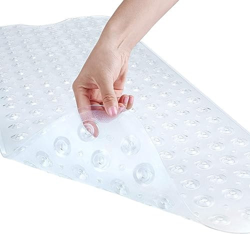 Dwellton - Long Bathtub Mat, PVC Non-Slip Anti-Mould, with Drain Holes & Suction Cups, Machine Washable 100 x 40cm / 39 x 16 inches - Shower Mat (Clear, 100 x 40cm)
