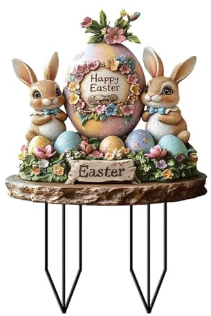 Garden Ostern Gartenstecker Osterdeko, Gartenstecker Osterhasen zum Stecken, Vintage Osterhase Osterei Gartenschilder Osterdekoration für Draußen, Osterhase Ostereier Osterschild Outdoor, Hellrosa