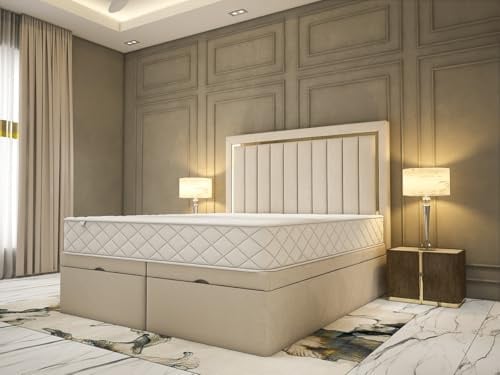 RN Interiors Ottoman Divan Bed Frame | Ottoman Storage Divan Bed Bases with High Floor Standing Designer Headboard | Plush Velvet Divan Beds (Cream, 5FT King Size)