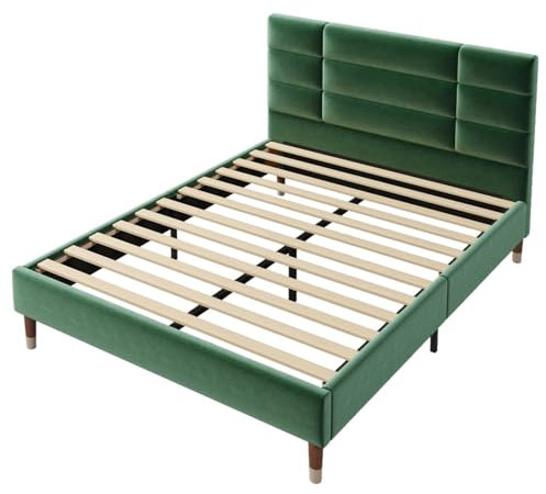 WEALTHOUSE Polsterbett mit Lattenrost, Doppelbett mit Samtbezug und gepolstertem Kopfteil, modernes Design, Bettgestell mit Metall- und Holzrahmen, stabil und langlebig (Grün Ohne Matratze,140x200cm)