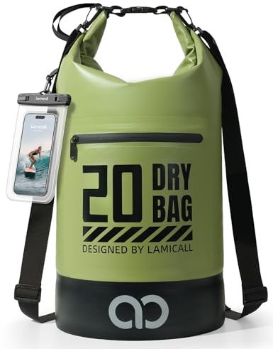Lamicall Dry Bag, Waterproof Bag - [Robust & Anti-Scratch] 5L/10L/20L/30L/40L Waterproof Backpack with 100% Water Proof Phone Pouch, Floatable Drybag for Boat Swimming Kayaking Camping - Green(20L)