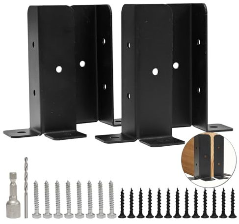4 Pack Heavy Duty Adjustable Fence Post Brackets - Black Metal Post Base with Screws for Wood Stakes, Fence Repair, Pergola & Deck Support - Rust-Resistant, Sturdy Outdoor Bracket Kit