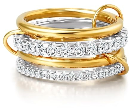 WATEFOER Gold stapelbar Ringe für Damen nicht anlaufen, 18K Vergoldet Cubic Zirkonia Ring Silber und Gold Ring Set Multi-Link verbunden Ringe Valentinstag Geburtstag Muttertagsgeschenk