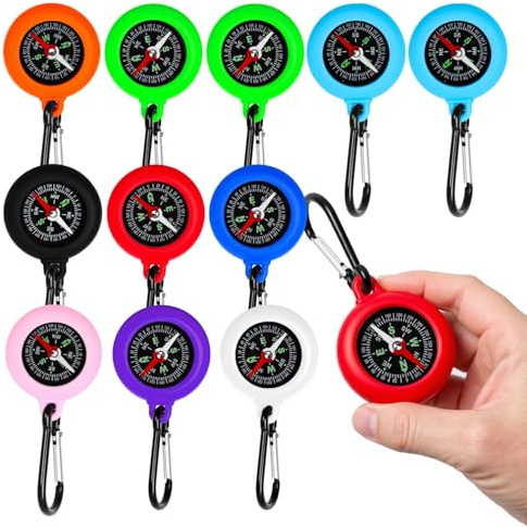 12pcs 9 Colori Bambini Bussola Professionale con Mini Moschettone Portatile Impermeabile Doppio Scopo Bussola Portachiavi,Outdoor Survival Gear per Campeggio All'Aperto Escursionismo Alpinismo.