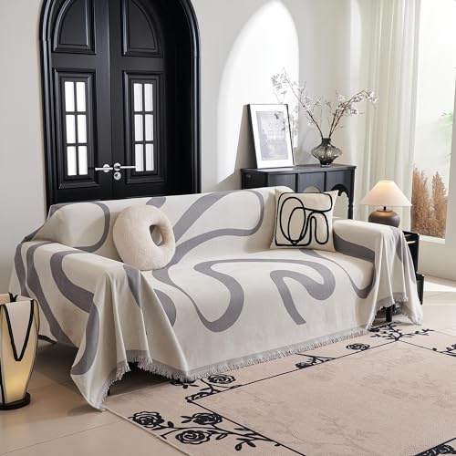 MYSKY HOME Sofabezug 3 Sitzer Chenille Sofa Überzug L Form Sofa Schutzdecke | Graue Kurve,1 Stück,180x300cm,Geometrische Modern Sofa Bezug,Boho Sofaschoner Waschbar,Jacquard Sofa Cover L Shape