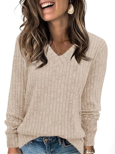 Fisoew Pull à col en V et manches longues pour femme | Décontracté, pull tricoté, haut, coupe ample, pull, surdimensionné, sweat-shirt à manches longues, chemisier