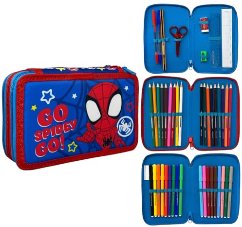 CARTOON Federmäppchen mit 3 Reißverschlüssen, 44 Stück, für die Schule, mehrere Fächer, Stifte, Buntstifte, Filzstifte Giotto, spidey, Modern