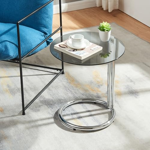 [en.casa] Table d'Appoint avec Plateau Rond en Verre Trempé de 6 MM Table Basse Bout de Canapé Support Plantes pour Salon Chambre Bureau Entreé Métal 46 x 45 cm Verre Fumé Chrome