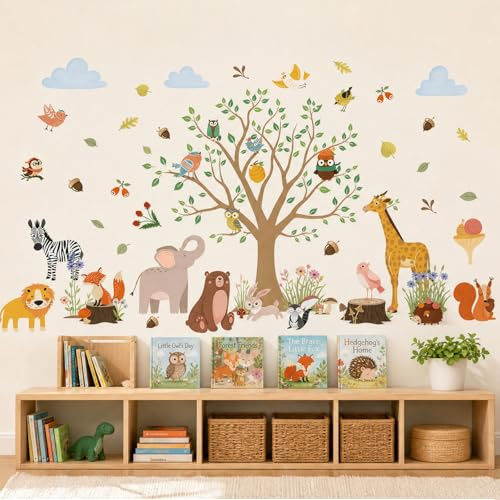 Wandtattoo Waldtiere Baum,Wandaufkleber mit Giraffe,Elefant,Eichhörnchen & Füchse,Tier Wandsticker für Kinderzimmer Babyzimmer Schlafzimmer Wanddeko