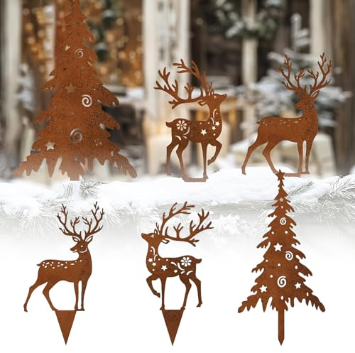 Gartenstecker Weihnachten Deko, 3 Stück Weihnachtsdeko Aussen Tannenbaum und Hirsch Gartenstecker Rost, Gartendeko Rost Rentier Weihnachtsstecker, Roststecker für Weihnachten Draußen Outdoor Deko