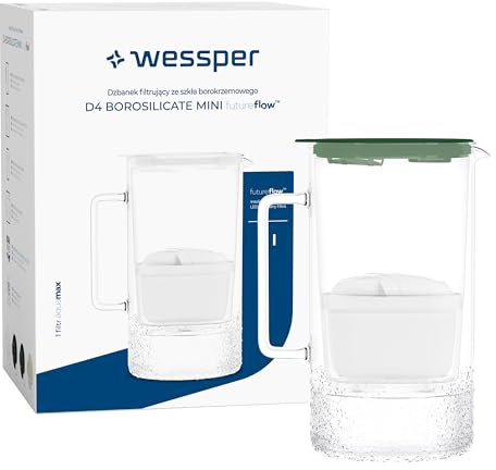 Wessper Carafe filtrante en verre 2L, sans BPA Carafe à eau avec compteur de filtre intelligent, Pichet avec cartouche filtrante au charbon actif et anti-calcaire - Vert