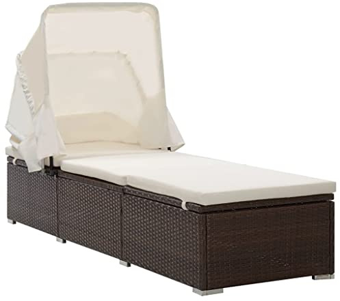 ZQQLVOO Sonnenliege mit klappbarem Sonnenschutz und gepolsterter Auflage aus wetterfestem PE-Rattan in Braun, inklusive 1 großem Sitzkissen, für Terrasse, Balkon und Poolbereich,