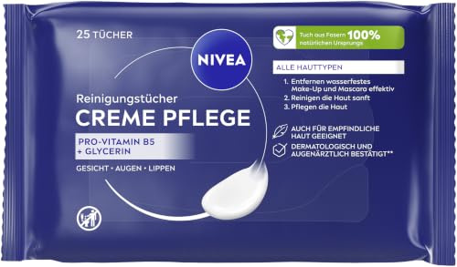 NIVEA Reinigungstücher Creme Pflege, Abschminktücher für wasserfestes Make-Up & LSF, Gesichtsreinigung für alle Hauttypen mit Duft & Pflege der NIVEA Creme (25 Stück)