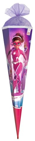 ROTH Schultüte 85 cm groß, Motiv Agentin Laura mit Folie und Glitzerborte sowie Rot(h)-Spitze, 6-eckig und Tüllverschluss