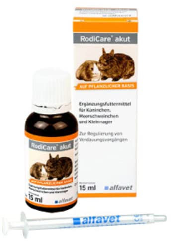 alfavet RodiCare akut | 15 ml | Ergänzungsfuttermittel für Kaninchen, Meerschweinchen und Kleinnager | Zur Regulierung von Verdauungsvorgängen | 15ml Glasflasche mit Dosierspritze