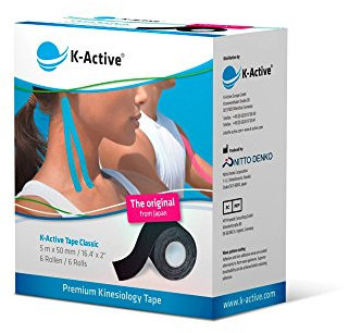 K-Active Kinesiologie Tape Classic SCHWARZ, wasserabweisend und hypoallergen, 50 mm x 5 m, 6 Rollen