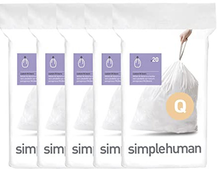 simplehuman Code Q Custom Fit Drawstring Trash Bags, 50-65 Liter / 13-17 Gallon, 100-Count Box