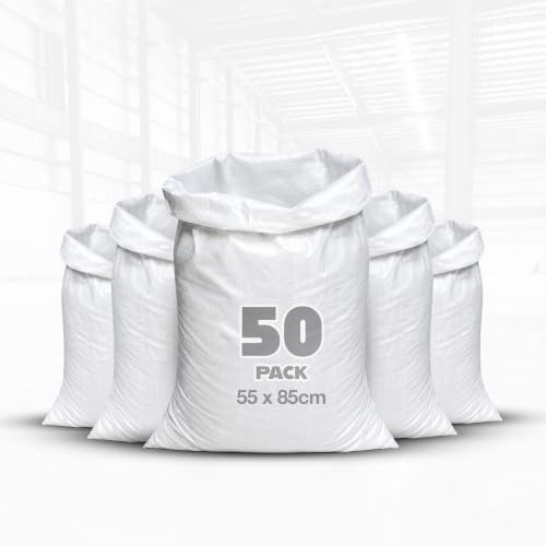 50 Pack Heavy Duty Builders Rubble Sacks – White Woven PP Polypropylene Bags – Large 55x85cm 75KG Capacity – Extra Strong Double Stitched Bulk Bags for Sand, Cement, Bricks & Construction Waste