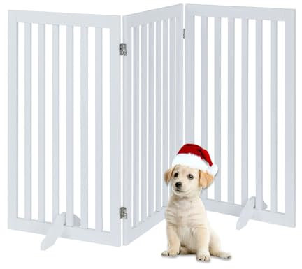 unipaws Freistehendes Absperrgitter Hund, Treppenschutzgitter ohne Bohren, Holz Kindergitter Klappbar,Türgitter Hunde Kaminschutzgitter mit Füßen, weiß (3 Elemente, 91 cm hoch)