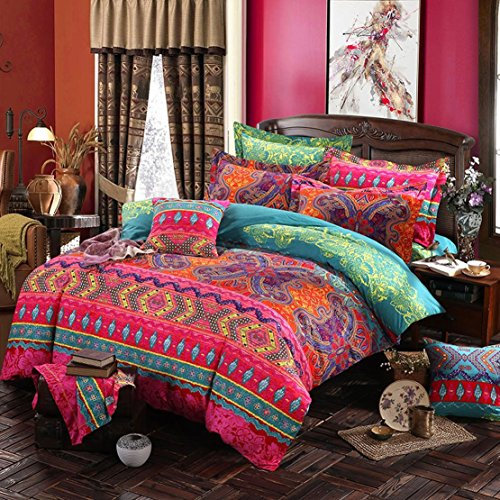 Lanqinglv 3 Pieces Bohemian Duvet Cover Set King Size Boho Indian Bedding Set Microfiber Vintage Red Quilt Covers and 2 Pillowcases 50x75cm Soft and Breathable (M,K)