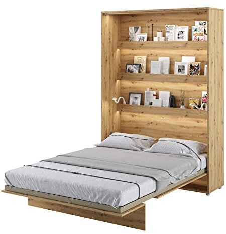 Arthauss Vertical Wall Bed: Hidden Bed with Fold Down Functionality - Compact and Multifunctional with Convenient Shelves - Stylish and Efficient Bed Solution 140 x 200cm in Artisan Oak