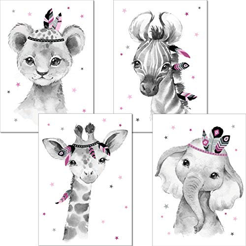 LALELU-Prints Bilder Kinderzimmer Poster Babyzimmer Deko Mädchen Jungen Kinderbilder Set Kinderzimmerbilder (Indianer rosa A3 4er Set)