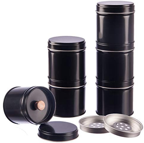 Rimoco 6er Pack Gewürzdosen schwarz stapelbar mit extra Aromadeckel inkl. 6 Etiketten + 2 Streueinsätze | Höhe: je ca. 6,5 cm, Ø je ca. 6,6 cm | BPA-frei und lebensmittelecht