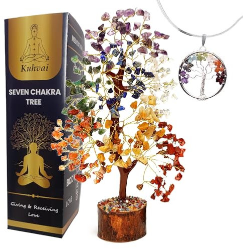 Kuhvai Seven Chakra Tree of Life, Crystal Tree for Positive Energy, 7 Chakra Tree, Feng Shui Tree, Stone Decor Natural Artificial Tree, 7 Chakra Tree of Life Healing Gemstones Pendant & 500 Beads