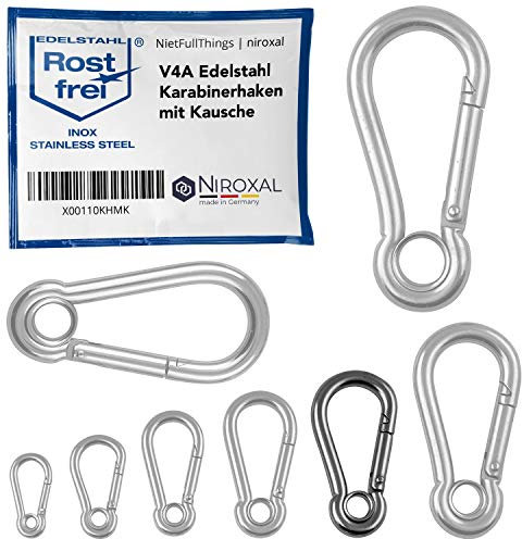 4 unidades 8-mm Mosquetón de acero inoxidable tipo gancho con guardacabo ce V4A corma robusta con ojo carga de ruptura 1400 kg bomberos 316 8x80-mm A4