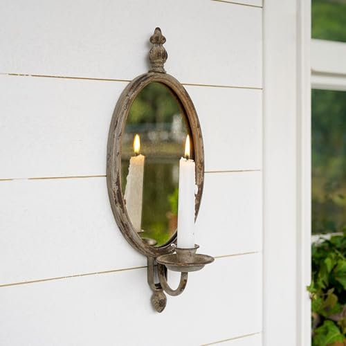 SOFFEE DESIGN Antiker Metall-Kerzenhalter zum Aufhängen an der Wand im Vintage-Look mit Eisen-Wandleuchter mit ovalem verblasstem Spiegel, zur Wandmontage, für Schlafzimmer, Esszimmer, Heimdekoration