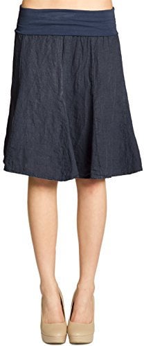 Caspar Damen Midi Sommer Leinenrock Knielang Sommerrock mit Stretch Bund - RO014, Farbe:dunkelblau, Mode Größe:L-XL