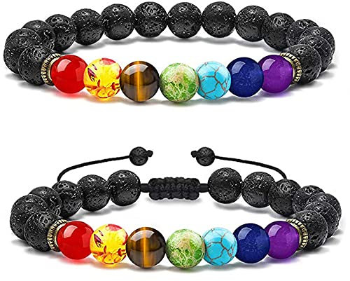 Senidea 2 Stück 7 Chakra Armband für Damen Herren, Meteorit Armband, Natürliche Energiesteinen Entspannung Yoga Armbänder, Lavastein Stein Armband 8mm